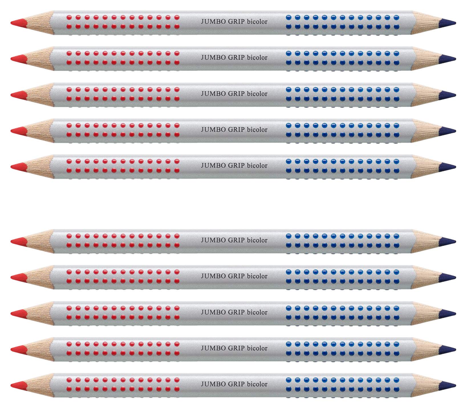 Faber-Castell Jumbo Grip Silver Separator Pen, 10, Triangular, Ergonomic, Medium Point, Water Resistant, Bicolor Red and Blue Writing Instrument