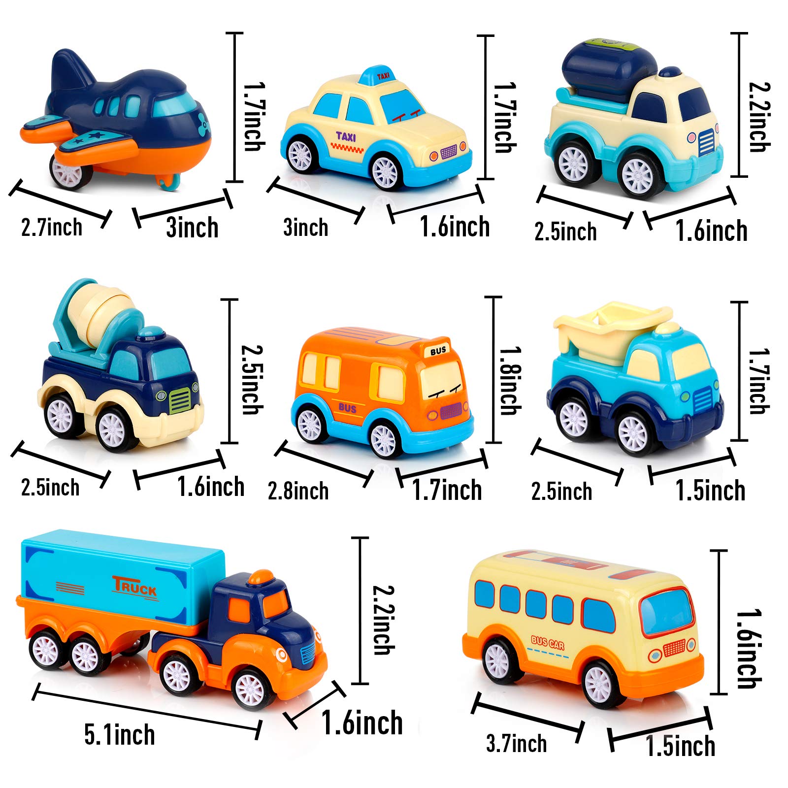 9 Pack Cars Toys for 2 3 4 5 Years Old Toddlers Boys & Girls Gift, Big Transport Truck with 8 Small Cute Pull Back Trucks, Carrier Truck with Sound & Light 13.5 * 5.5 inch, 2.5 *1.6 inch
