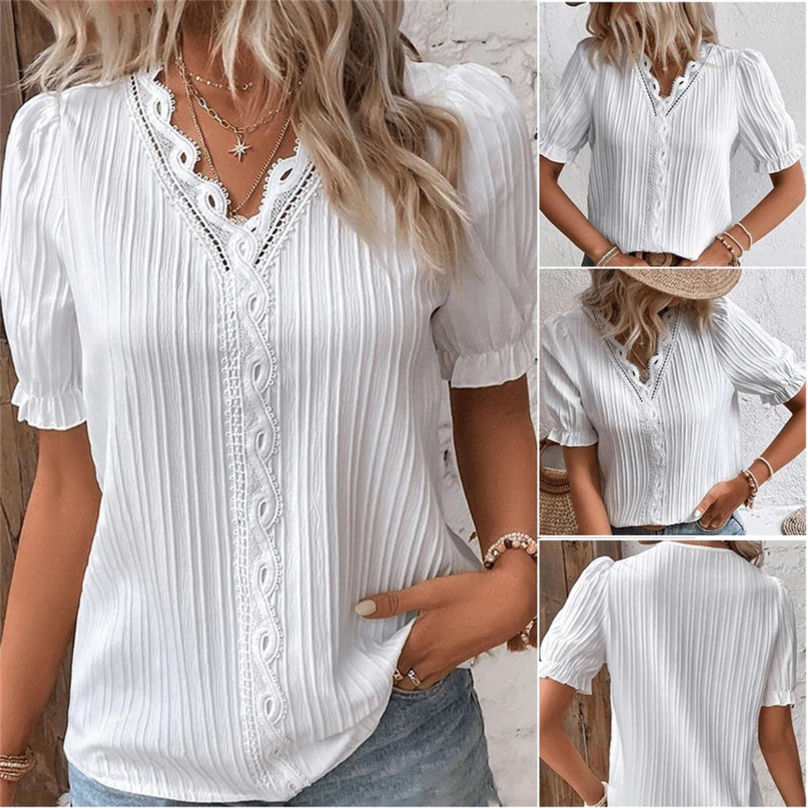 JOASDAO Women's Plus Size Lace Tops UK - Short Sleeve V Neck White Blouses for Women Elegant Casual Summer Tops Dressy Shirts