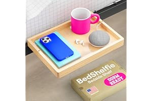 Smallish BedShelfie Bedside Shelf for Bunk Bed & Top Bunk, College Dorm Room Essentials, Loft Nightstand, Floating Bed Side Table Tray Storage, Dorm Room Decor (Flexfit Model, Natural)