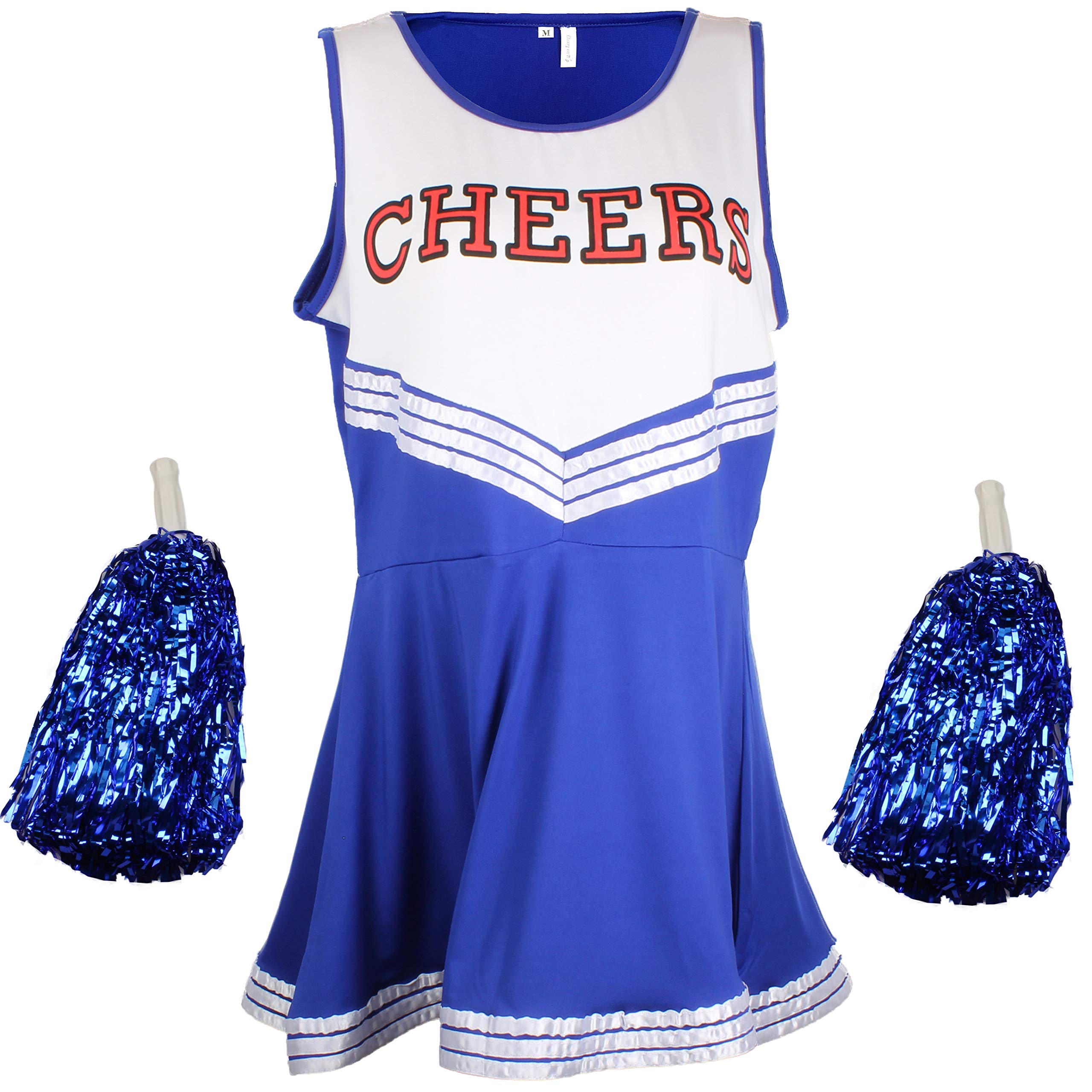 Cherry-on-Top Cheerleader Fancy Dress Outfit Uniform High School Costume With Pom Poms Blue Cheerleader, Extra Large