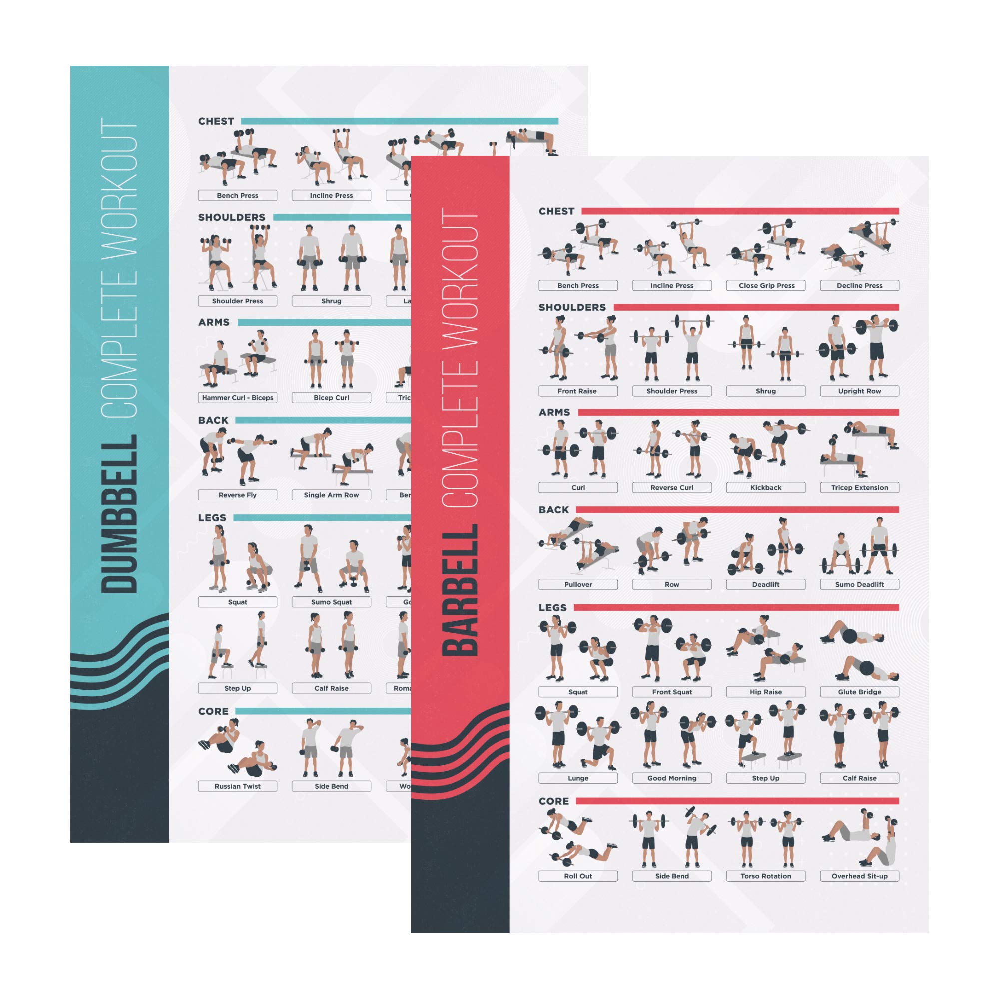FitMate Dumbbell and Barbell Workout Exercise Poster, 2-Pack, Workout Routine with Free Weights, Home Gym Decor, Room Guide (16.5 x 25 Inch)