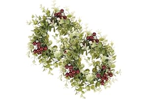 Alipis Simulated Eucalyptus Berry Candle Rings Set of 2 7.87 Inch Greenery Wreaths for Indoor Table Centerpiece Party Decoration