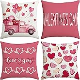 Valentines Day Decorations-Valentine Pillow Covers 18x18 Set of 4, Pink Hearts Love You Happy Valentine's Day Throw Outdoor Pillow Covers Anniversary Wedding Cushion Case for Home Sofa Couch Decor