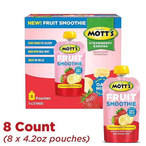 MOTT’S FRUIT SMOOTHIES STRAWBERRY BANANA, 4.2 OZ CLEAR POUCHES, 8 PACK, NON-DAIRY, MADE WITH OATMILK, MADE WITH REAL FRUIT, GOOD SOURCE OF CALCIUM, ON-THE-GO