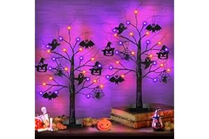 REGTEB Halloween Decorations Indoor 2 Pack 24 Inch Black Halloween Tree with 24 LED Orange Purple Lights, USB/Battery Operated Halloween Table Decorations Tree Light with Timer, Scary Spooky Home Decor
