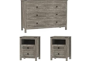 BTDWI Grey 6 Drawer Dresser & 2 Nightstand Set for Bedroom, Wood Dresser with Metal Handle for Bed Room, Hallway, Light Grey Rustic Oak