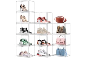 EDS FAM 12 Pack Thicken Shoe Rack Organizer for Closet Acrylic Shoe Box with Magnetic Door Sneaker Display Case Handbag Purse Organizer, Fit up to US Size 14