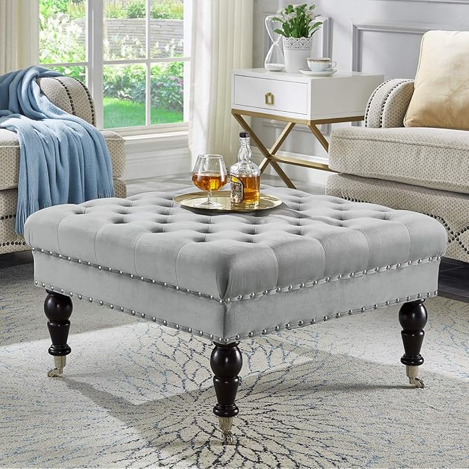 24KF Large Square Upholstered Tufted Button Velvet Ottoman Coffee Table