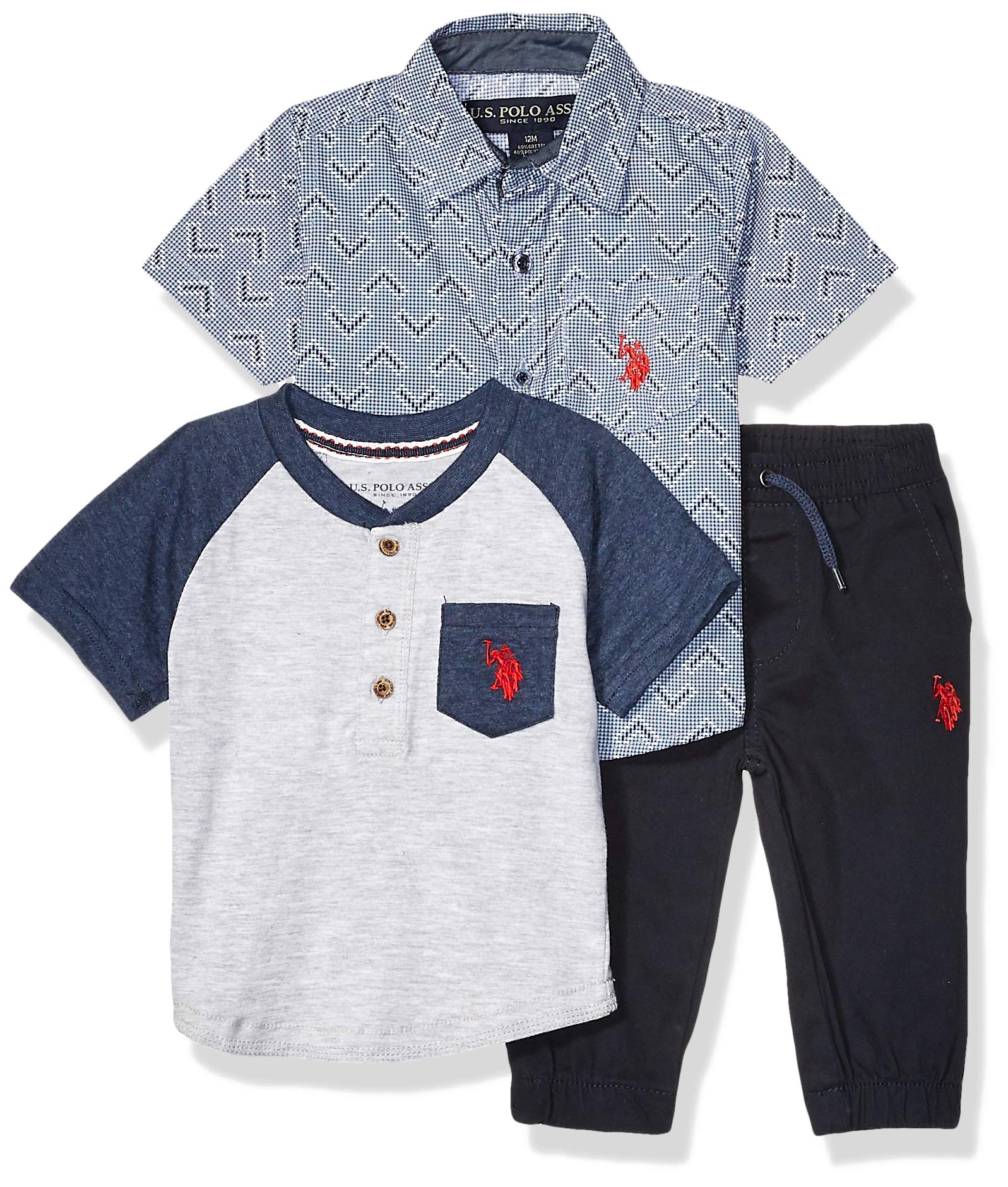 U.S. Polo Assn. Baby Boy's Short Sleeve Woven Shirt, Henley T-Shirt, and Jogger Set Pants