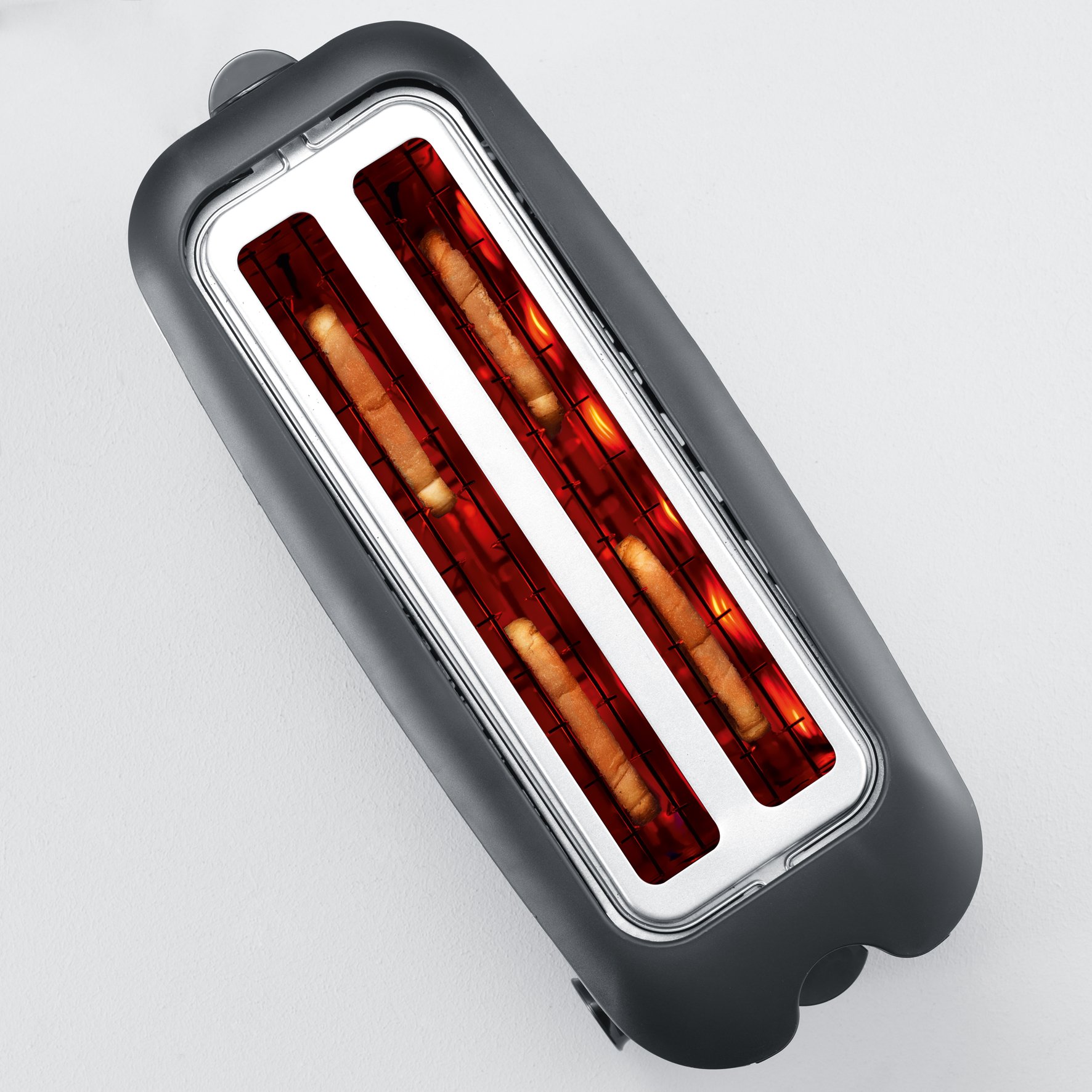 Severin Doppel-Langschlitztoaster mit eingebautem Brötchen-Aufsatz, für 4 Brotscheiben, Brotscheibenzentrierung, Aufwärm- und Defroster-Stufe, Edelstahl gebürstet, schwarz, 1.400 W, AT 2509 9