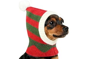 Pawaboo Christmas Pet Hat, Funny Knitted Pets Cap with Pompon, Cute Crocheted Snood Winter Warm Pet Hat, Neck Ear Warmer Hood Warm Scarf Xmas Decoration Santa Hats for Small Dogs, XS, Red+Green