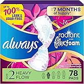 Always Radiant Feminine Pads for Women, Flexfoam Pads with Wings, Size 2, Heavy Absorbency, Lightly Scented, 78 Count (3 Packs of 26)