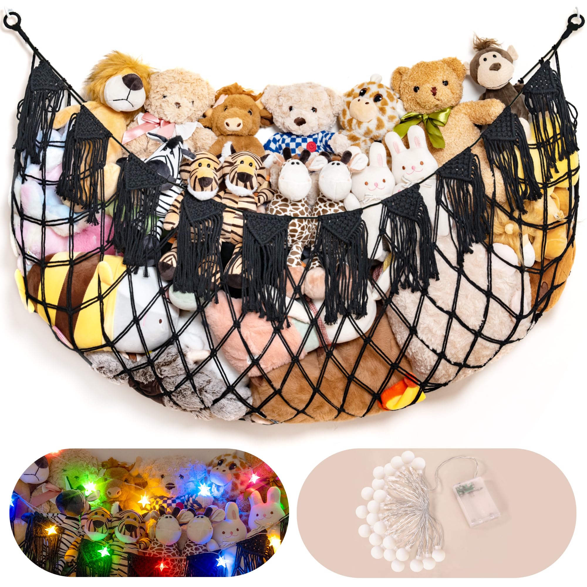 Stuffed Animal Storage Hammock with Lights- Boho