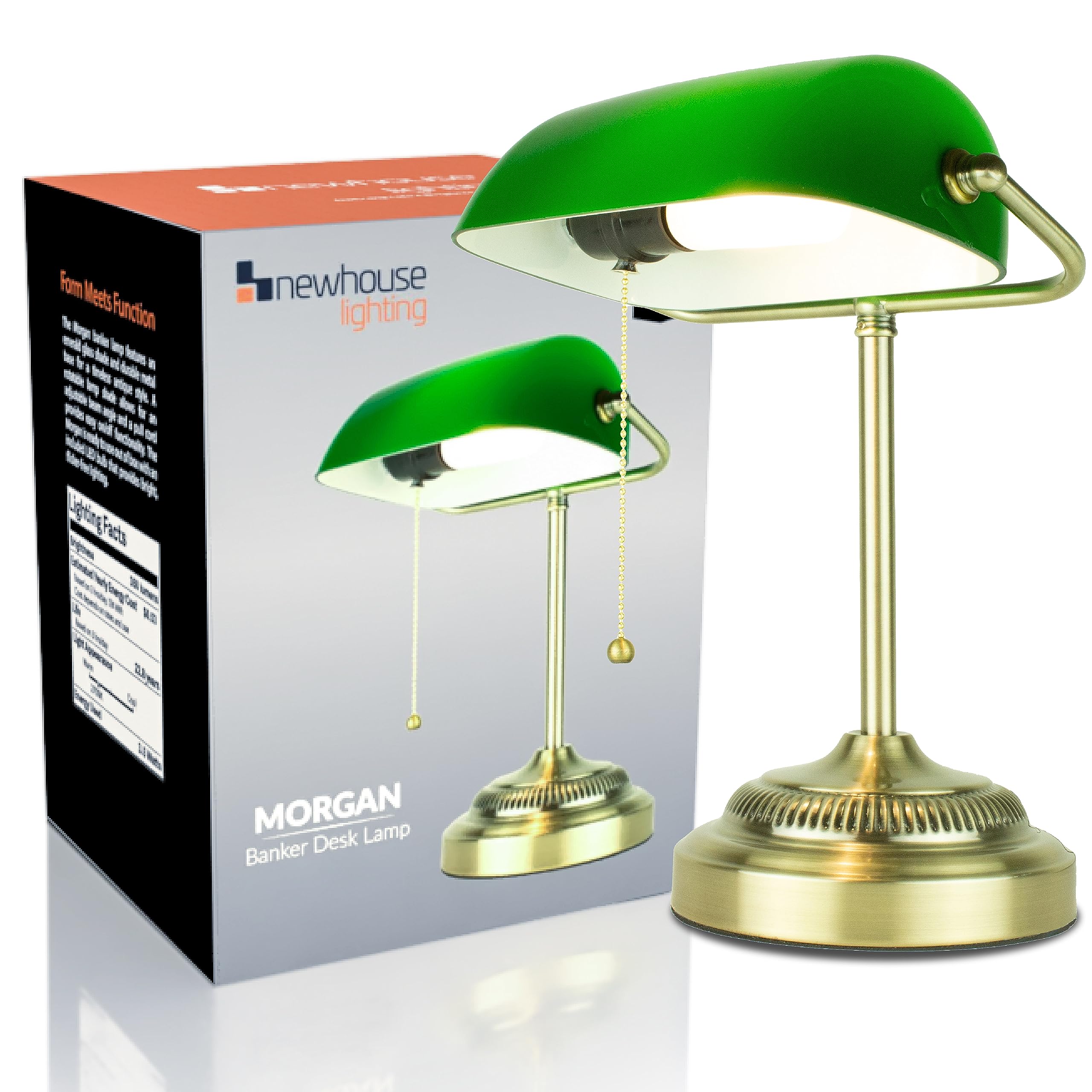 Photo 1 of Newhouse Lighting NHDK-MO-GOAZ Morgan Antique Green and Brass Glass and Metal Adjustable Classic Banker Lamp | Compatible with Energy-Efficient LED Bulb