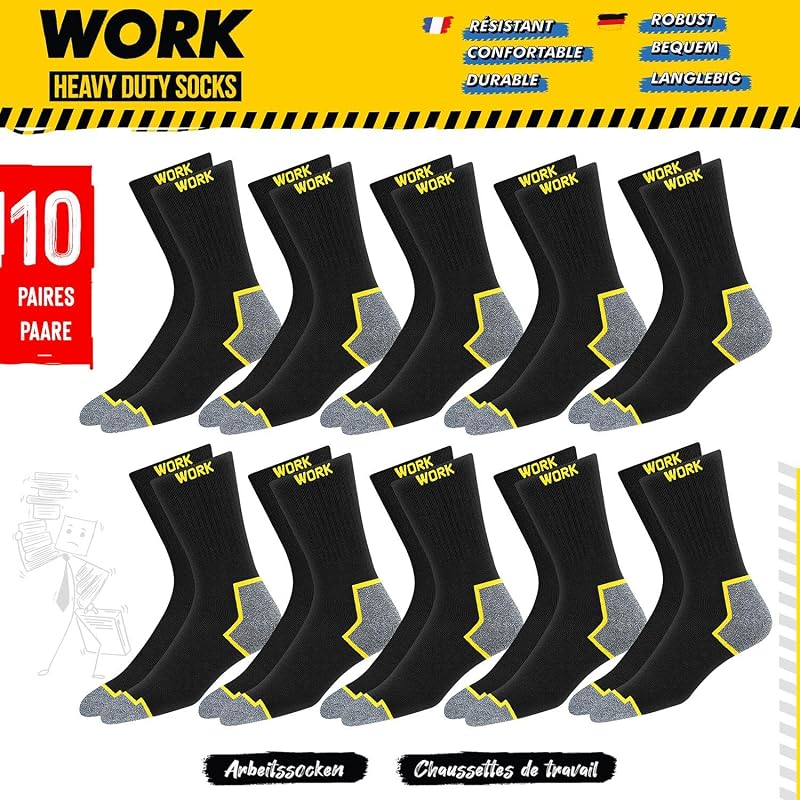 10 Paires Chaussettes de travail noires homme, mi-mollet | Technologie DRI-WIK d’évacuation de l’humidité | Talon et pointe renforcés | WORK socks lot de 10 paires, 43-46