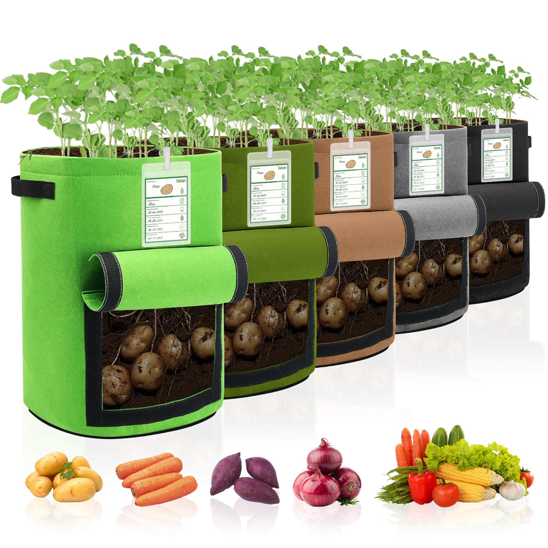 Photo 1 of 5-Pack Colorful 10 Gallon Potato Grow Bags, Upgraded Heavy Duty Potato Grow Bags with Flap and Plant Growth Record Card, Garden Pots, Fabric Plant Pots for Potatoes, Tomato, Vegetables