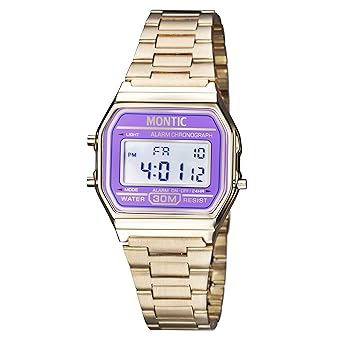 Montic Vintage Gold Metal Band Illuminator Chronograph Alarm Watch with Purple Dial