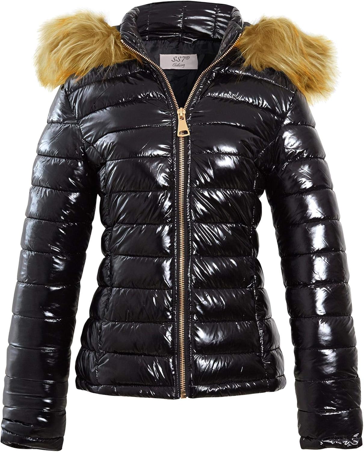 wet look puffer coat with faux fur hood