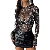 Zeagoo Womens Mesh Long Sleeve Tops Mock Neck Going Out See Through Shirts Sexy Sheer Blouses Clubwear S-XXL