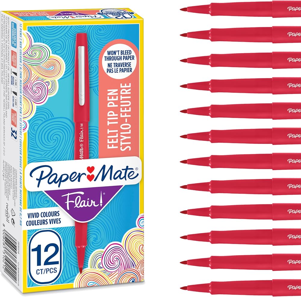 Paper Mate Flair Felt Tip Pens Medium Point 0.7 mm Red 12 Count