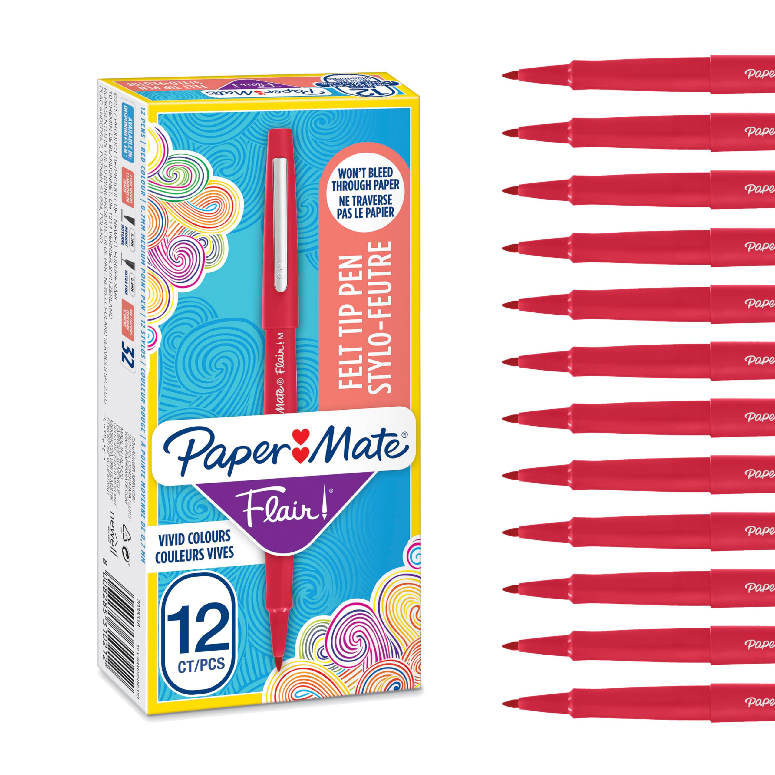 Paper Mate Flair Felt Tip Pens | Medium Point (0.7 mm) Marker Pens | Red Pens | For WritingMarkingDrawing & Sketching | 12 Count