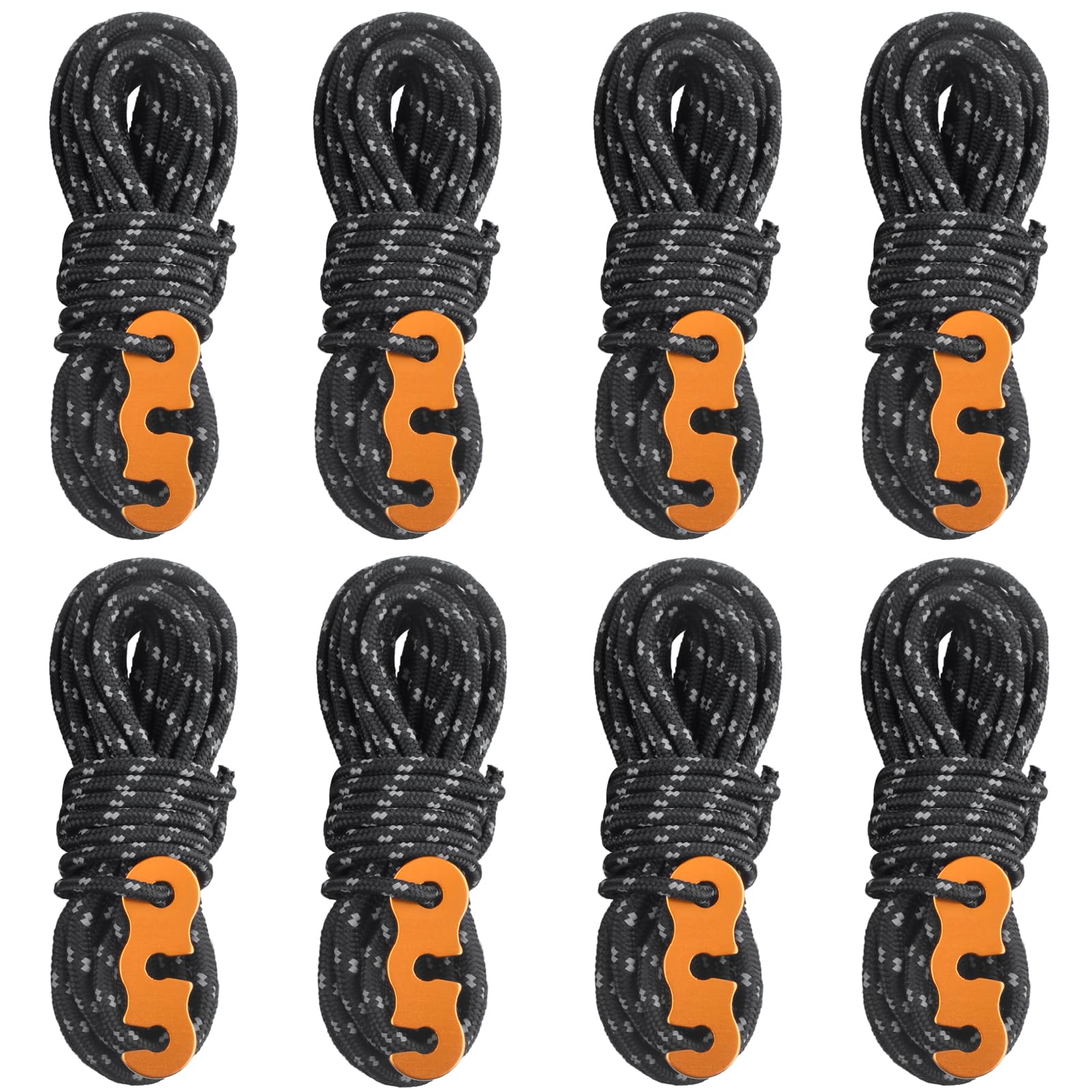 Azarxis Reflective Guy Ropes 3mm Guylines 4m / 13ft Tent Camping Cords Lightweight with Heavy Duty Aluminum Line Adjusters Tensioners for Tying Down Tarps Fixing Outdoor Packaging (Black - 8 Pack)