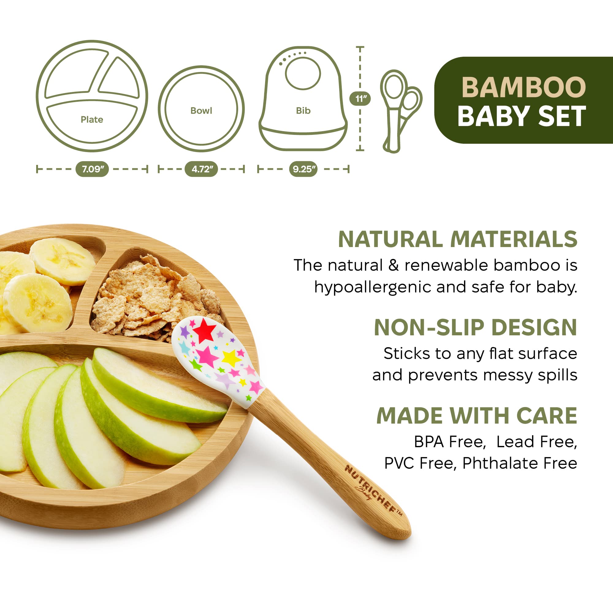 Nutrichef Baby and Toddler, 3 Compartment Plate, Bowl, and Spoon Feeding Set- Silicon Suction, Non-Toxic All Natural Bamboo Baby Food Plate with Silicon Bib