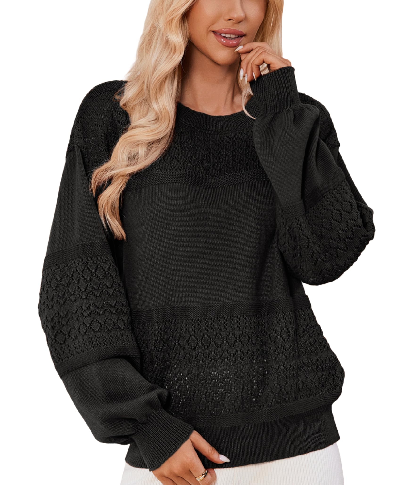 Photo 1 of Misakia Womens Sweaters for Fall Trendy Crewneck Casual Long Sleeve Crochet Hollow Knit Pullover Black XL