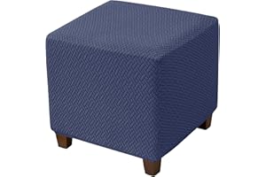 HFCNMY Ottoman Cover Stretch Knitted Jacquard Square Ottoman Cover Thick Ottoman Slipcover Square Storage Ottoman Cover Foot Stool Cover with Elastic Bottom Blue Small