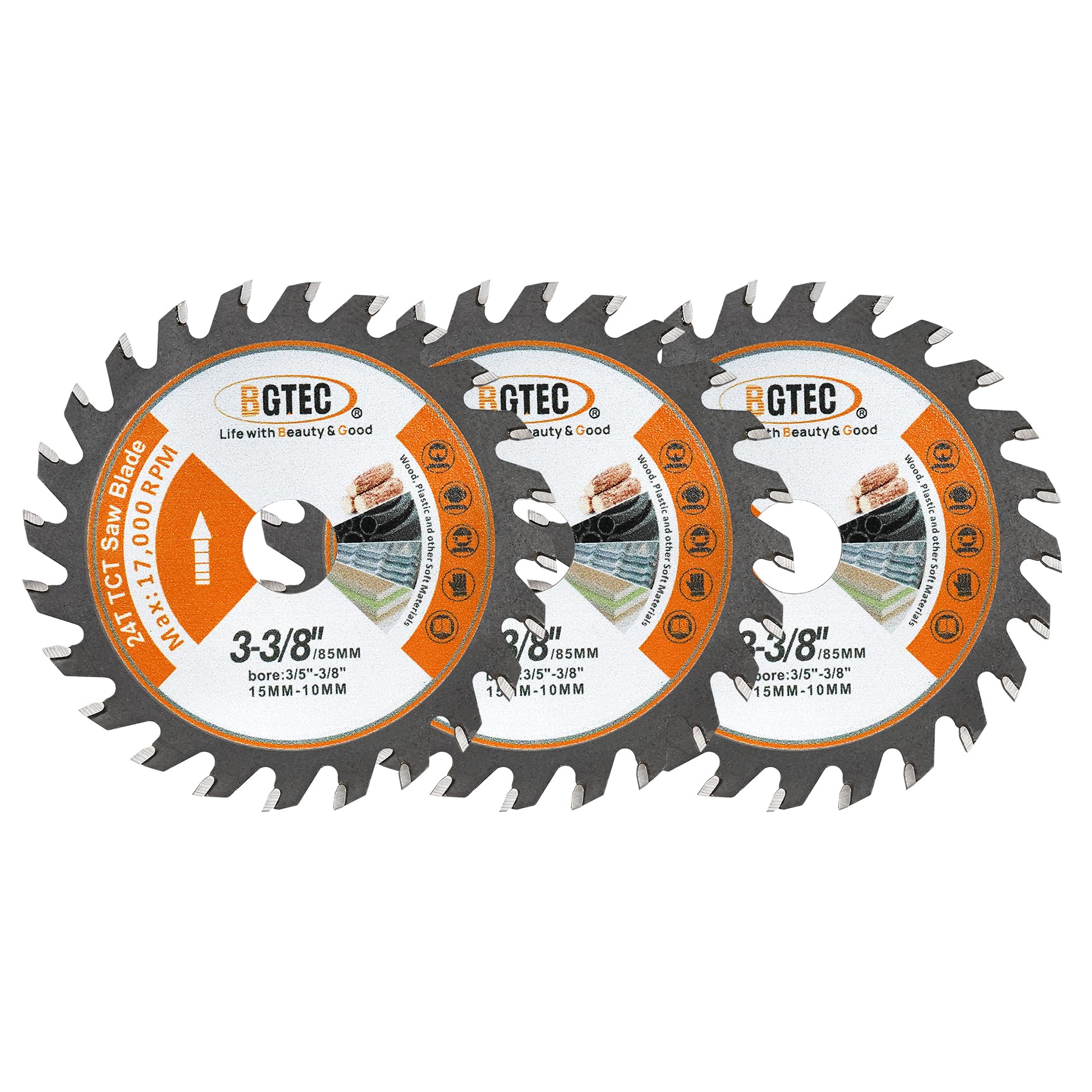 TCT Carbide Circular Saw Blade - BGTEC Wood Cutting Wheel 3 PCS 3-3/8"/85mm 24T with 15mm Arbor for Cutting Wood Plastic