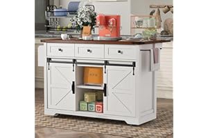 53.7" Farmhouse Mobile Kitchen Island with Power Outlet & Drop Leaf, 2 Sliding Barn Doors, Rolling Cart on Wheels, 400lbs Cap