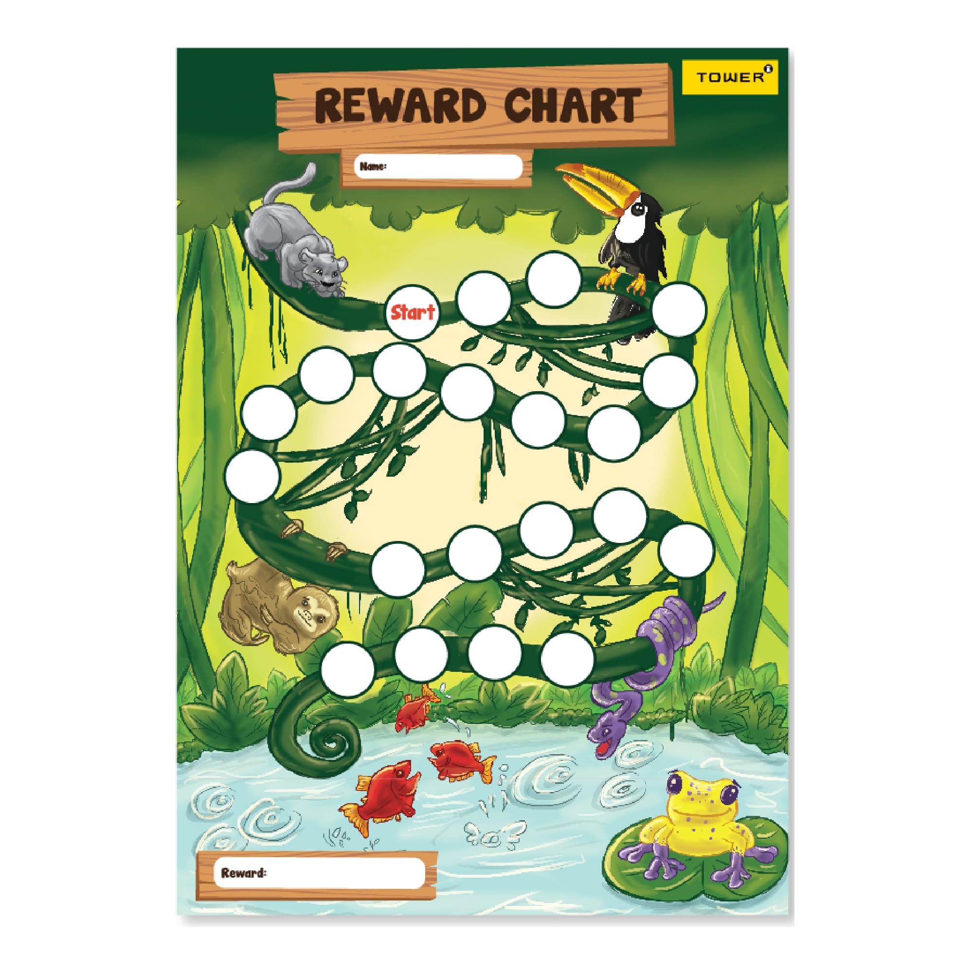 Tower Jungle Themed Reward Charts for Children - Pack of 5 with Dot-Shaped Stickers | Motivate Good Behaviour, Potty Training, Homework for Kids
