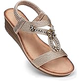 SHIBEVER Womens Wedge Sandals Flower Low Heel Dressy Sandals Elastic Ankle Strap Rhinestone Summer Comfortable Shoes