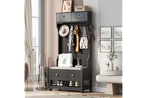 Polibi Hall Tree with 4 Metal Hooks, 2 Sliding Drawers, Top Shelves and Shoes Storage Shelf, Hallway Coat Rack Entryway Bench Coat Hanger for Livng Room Bedroom, Black
