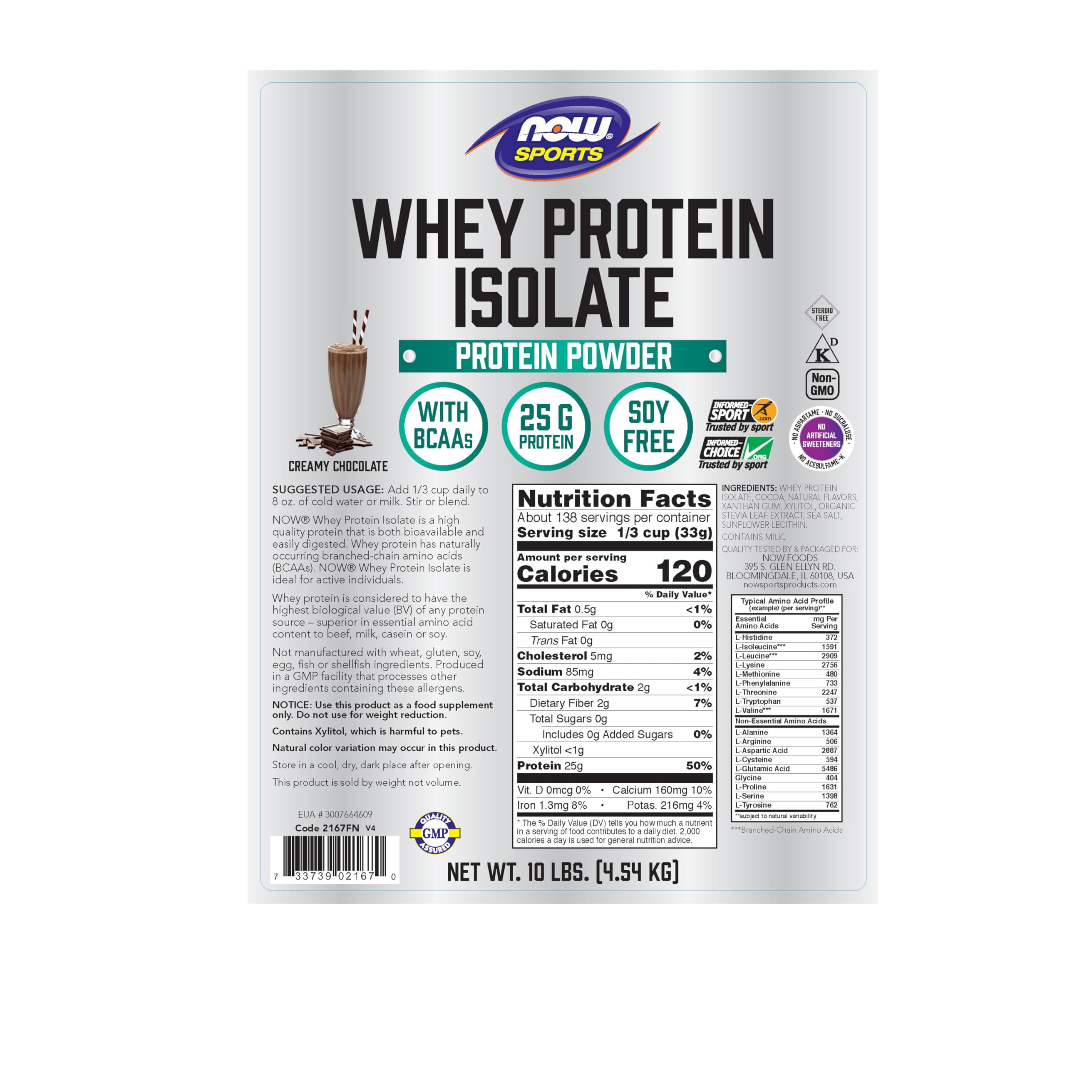 NOW Foods Sports Nutrition, Whey Protein Isolate, 25 g With BCAAs, Creamy Chocolate Powder, 10-Pound