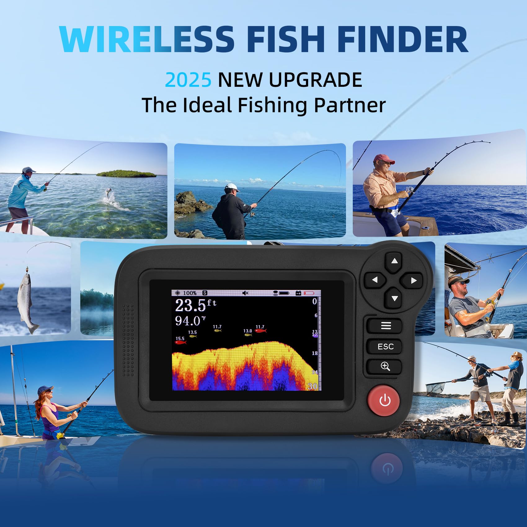 Portable Rechargeable Fish Finder, Wireless Sonar FishFinder, Castable Kayak Depth Finder with 105° Beam Angle and TFT LCD Display, 2.6-164 FT of Depth Locator,for Shore, Sea ＆ Ice Fishing