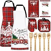13 Pcs Christmas Kitchen Gifts Set, Kitchen Christmas Decorations with Xmas Oven Mitts Xmas Buffalo Plaid Towels Aprons Pot Holders Wooden Spoons for Home Cooking