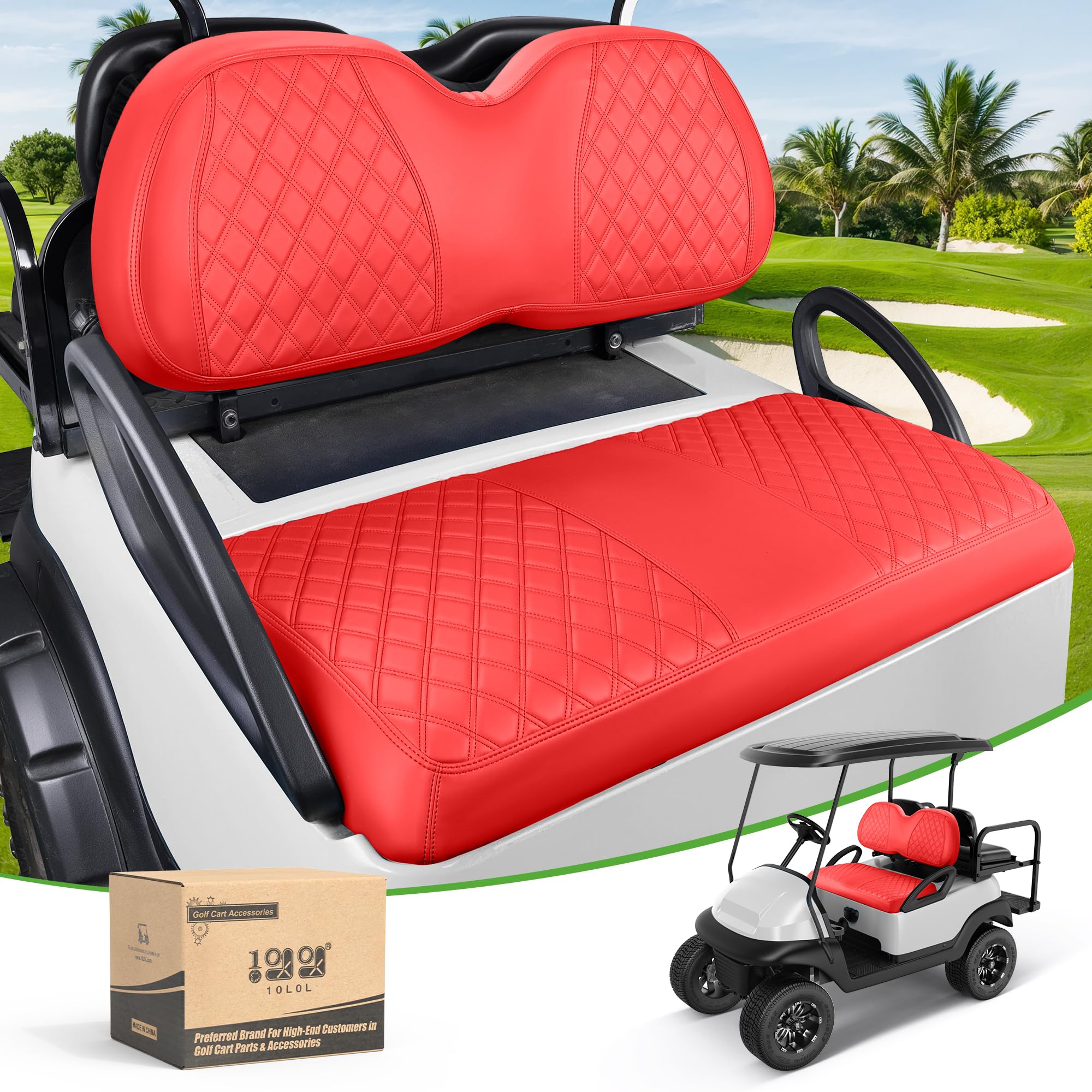 Photo 1 of 10L0L Golf Cart Seat Covers for Club Car Precedent,Diamond Pattern,Vinyl Leather with Adjustable Straps and Retractable Buckle, No Stapler Needed Red