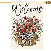 AVOIN colorlife Valentines Day House Flag 28x40 Inch Double Sided Outside, Floral Love Hearts Welcome Yard Outdoor Flag