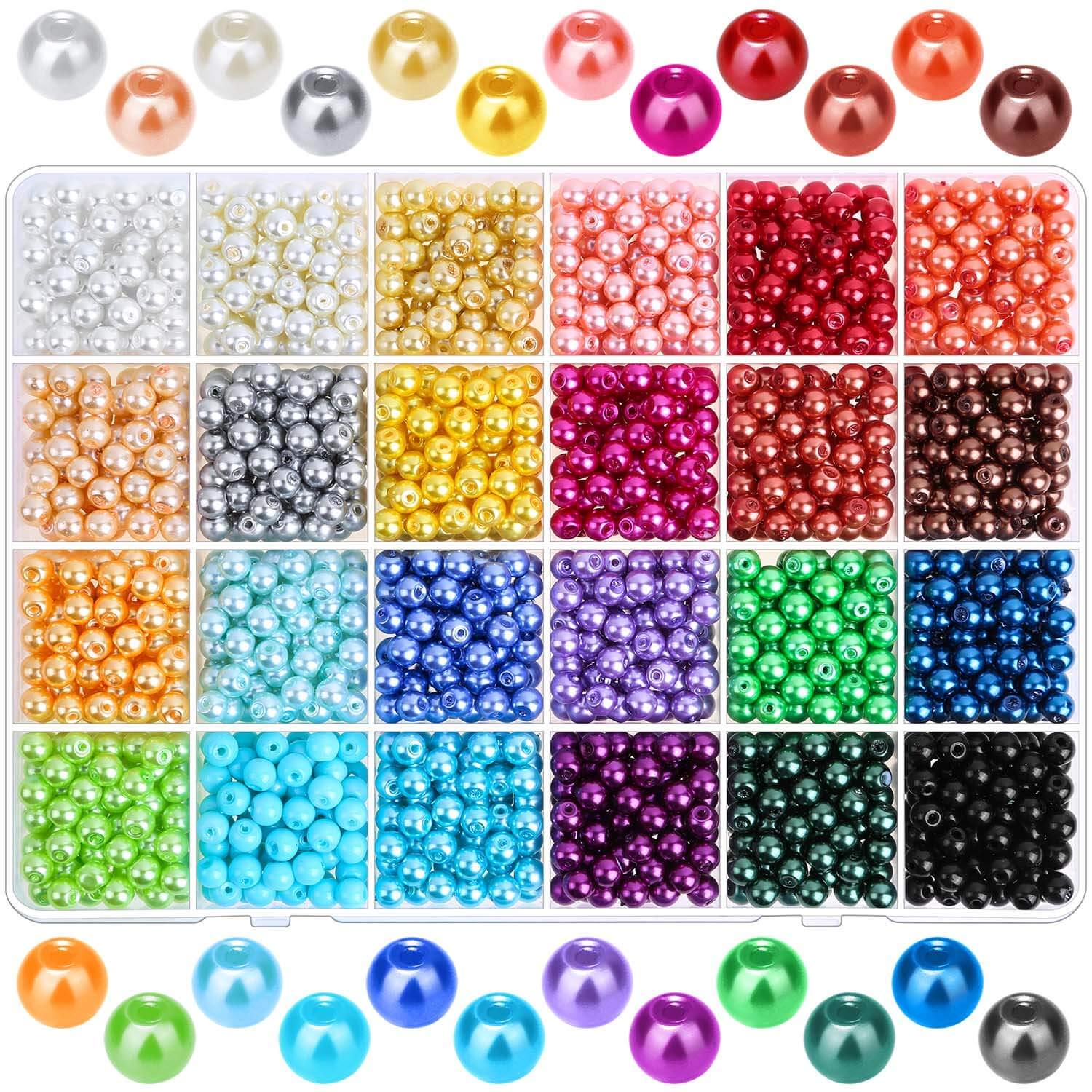 Caffox 1680Pcs 6mm Round Glass Pearl Beads - 24 Colors Dyed Heishi Spacer Beads with Holes for Jewelry Making