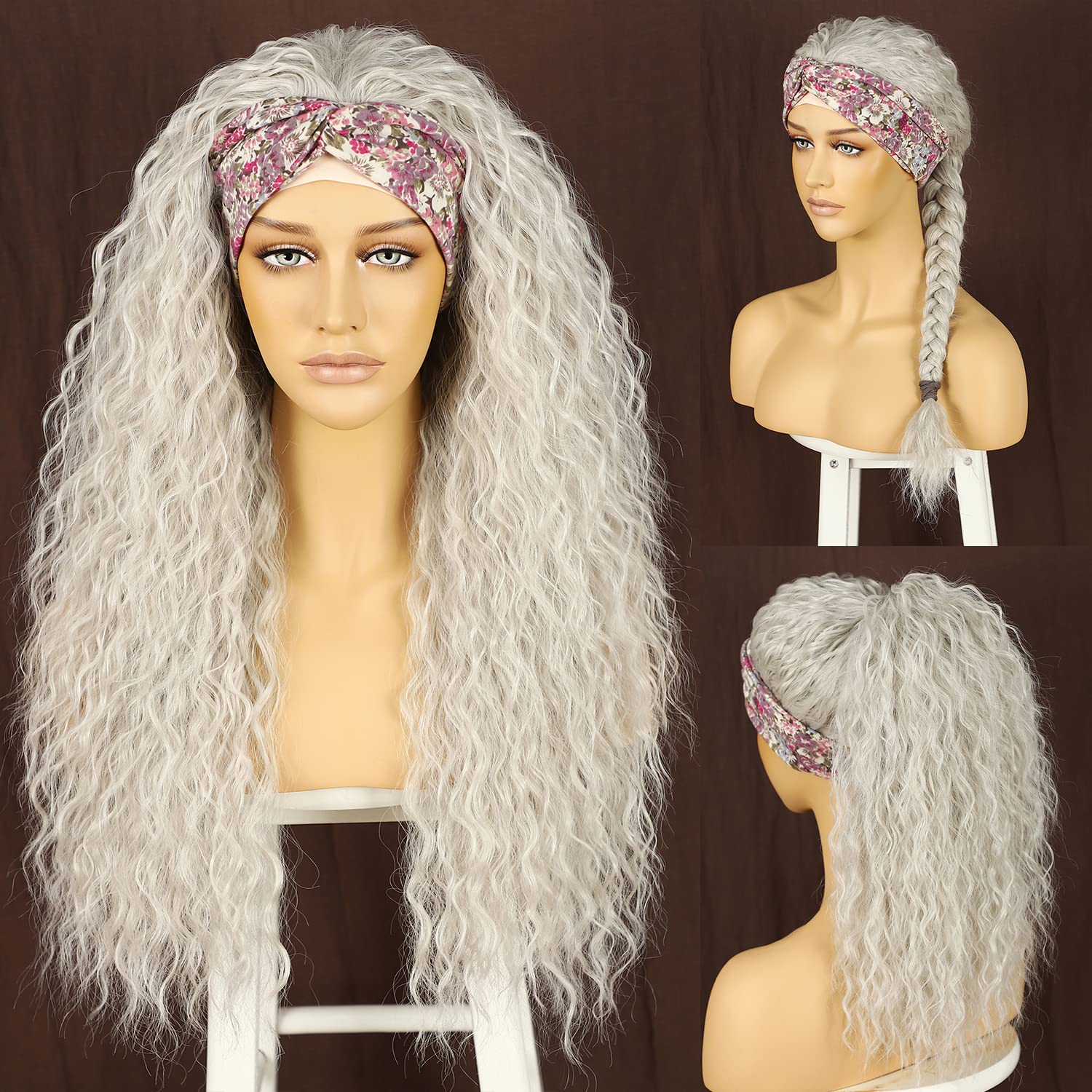 SOMIARIK 60 Platinum Blonde Headband Wig Long Synthetic Wig Glueless Loose Curly Headband Wigs for Black Women 26inch 130 Percent Density Heat Resistant Wig — image 1