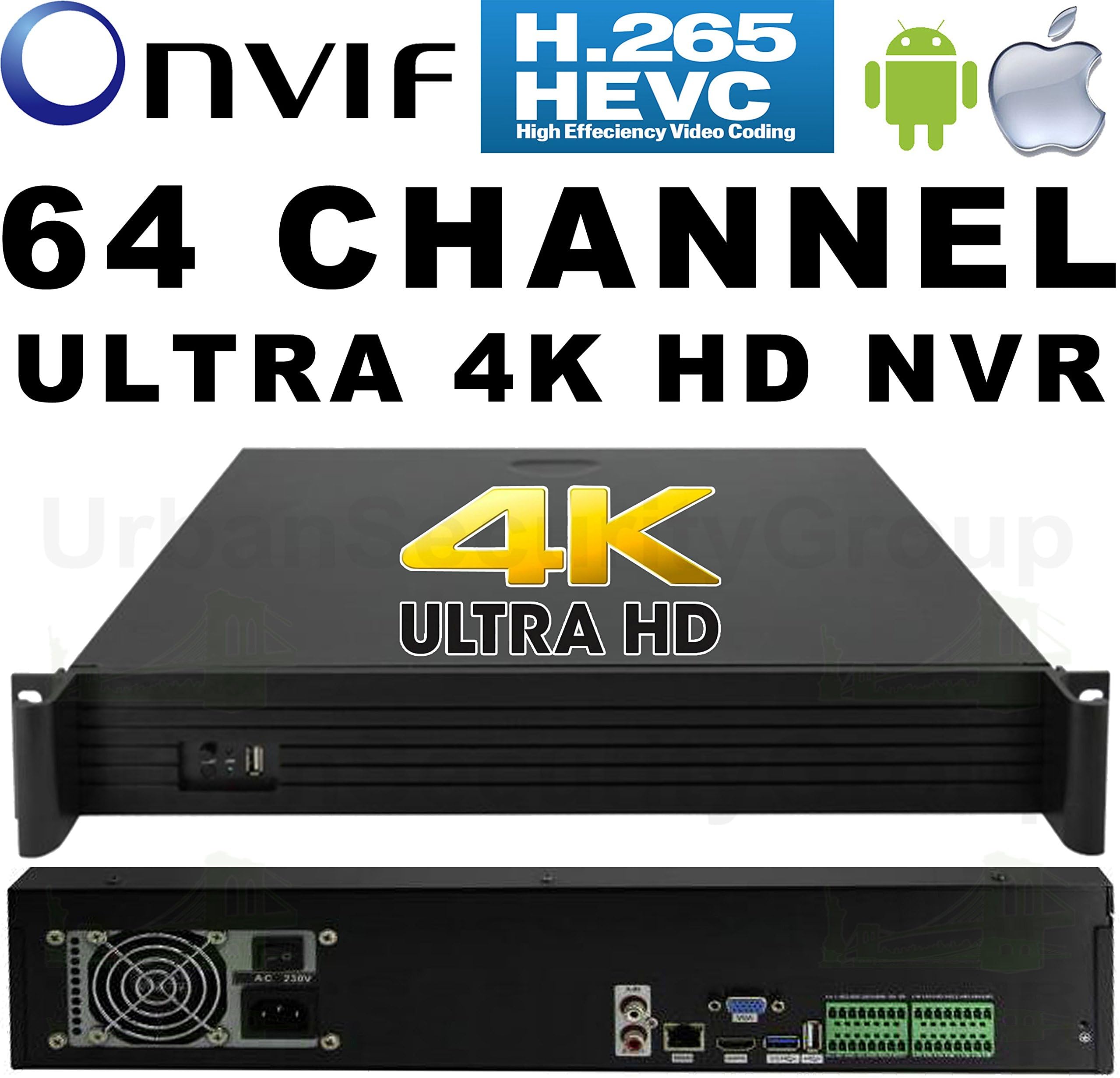 Urban Security Group 64 Channel H.265 Ultra 4k IP Security NVR : Max 48TB HD, RTSP, HDMI + VGA, USB, Audio, Alarm, RS485, Gigabit RJ45, Business Grade IP CCTV