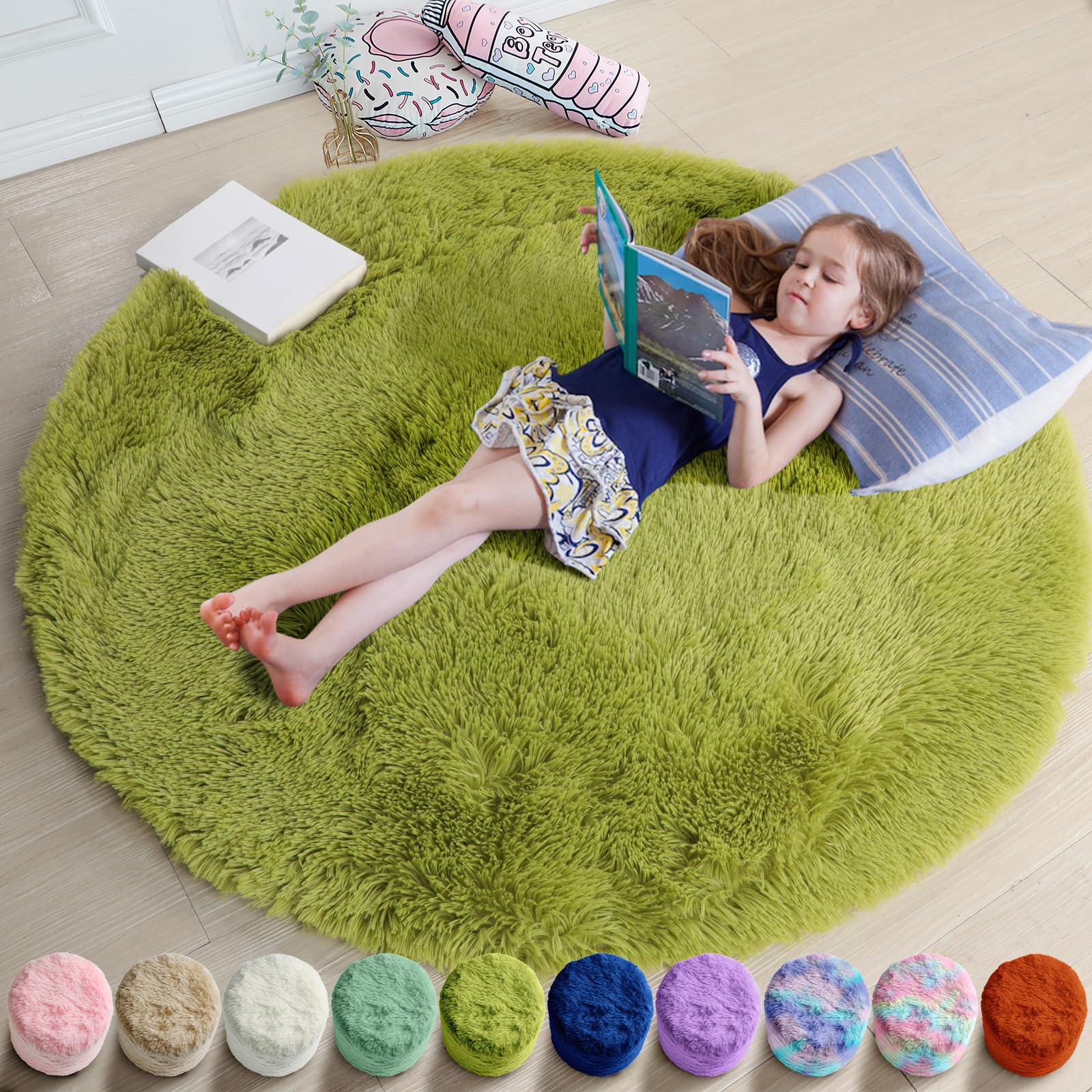 Amdrebio Grass Green Round Area Rug 7Ft for Living Room Bedroom Decor Aesthetic, Large Fluffy Shaggy Fuzzy Circle Rugs for Baby Nursery Kids Playroom, Big Soft Shag Floor Circular Modern Cool Carpet Image