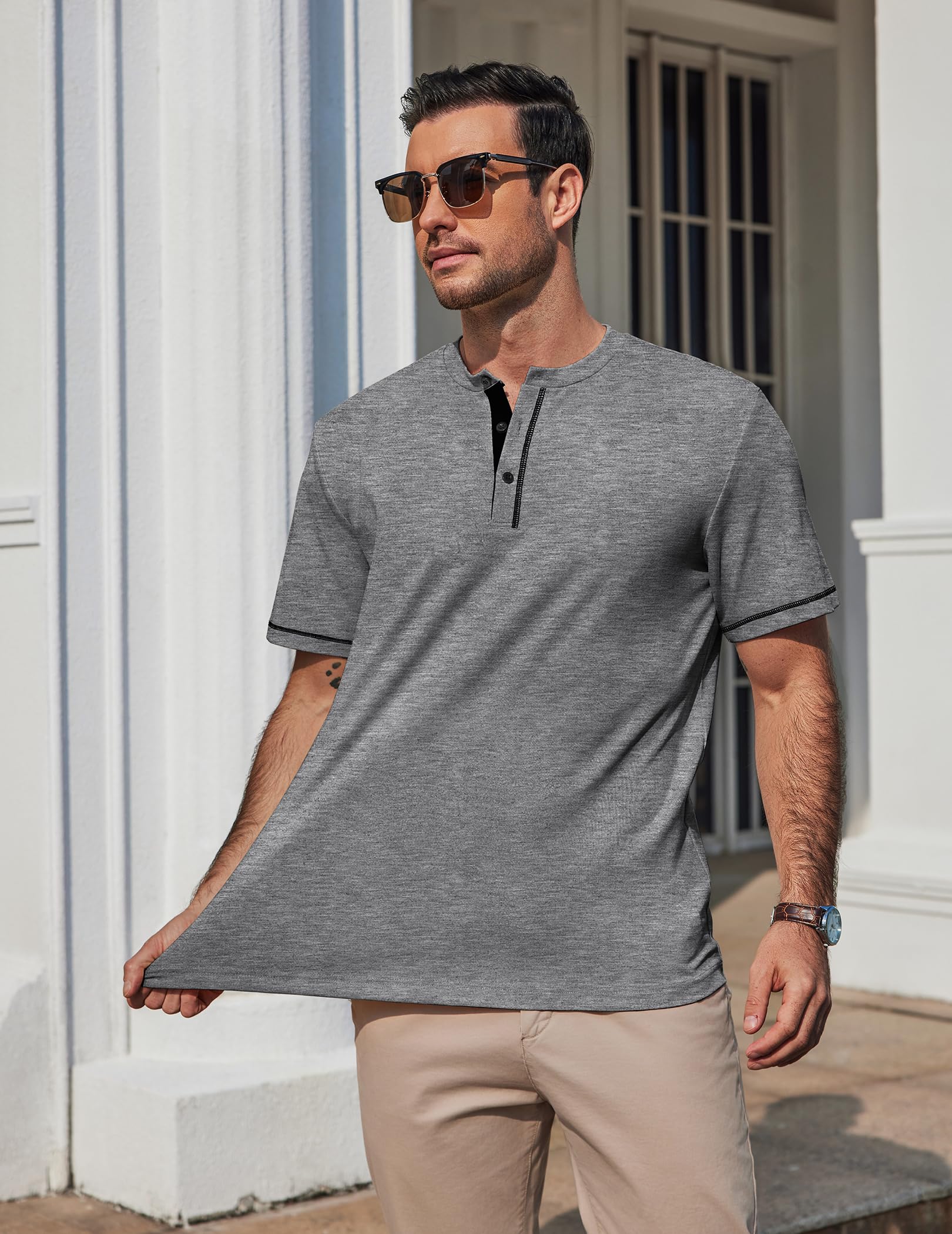 COOFANDY T Shirt Herren Baumwolle Herren Tshirt mit Knopfleiste Sommer Tee Männer Freizeit Shirt Regular Fit Dunkelgrau L 2