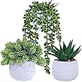 Winlyn 3 Pcs Assorted Small Potted Succulent Plants Artificial Aloe Hanging Succulent in White Geometric Concrete Ceramic Pot