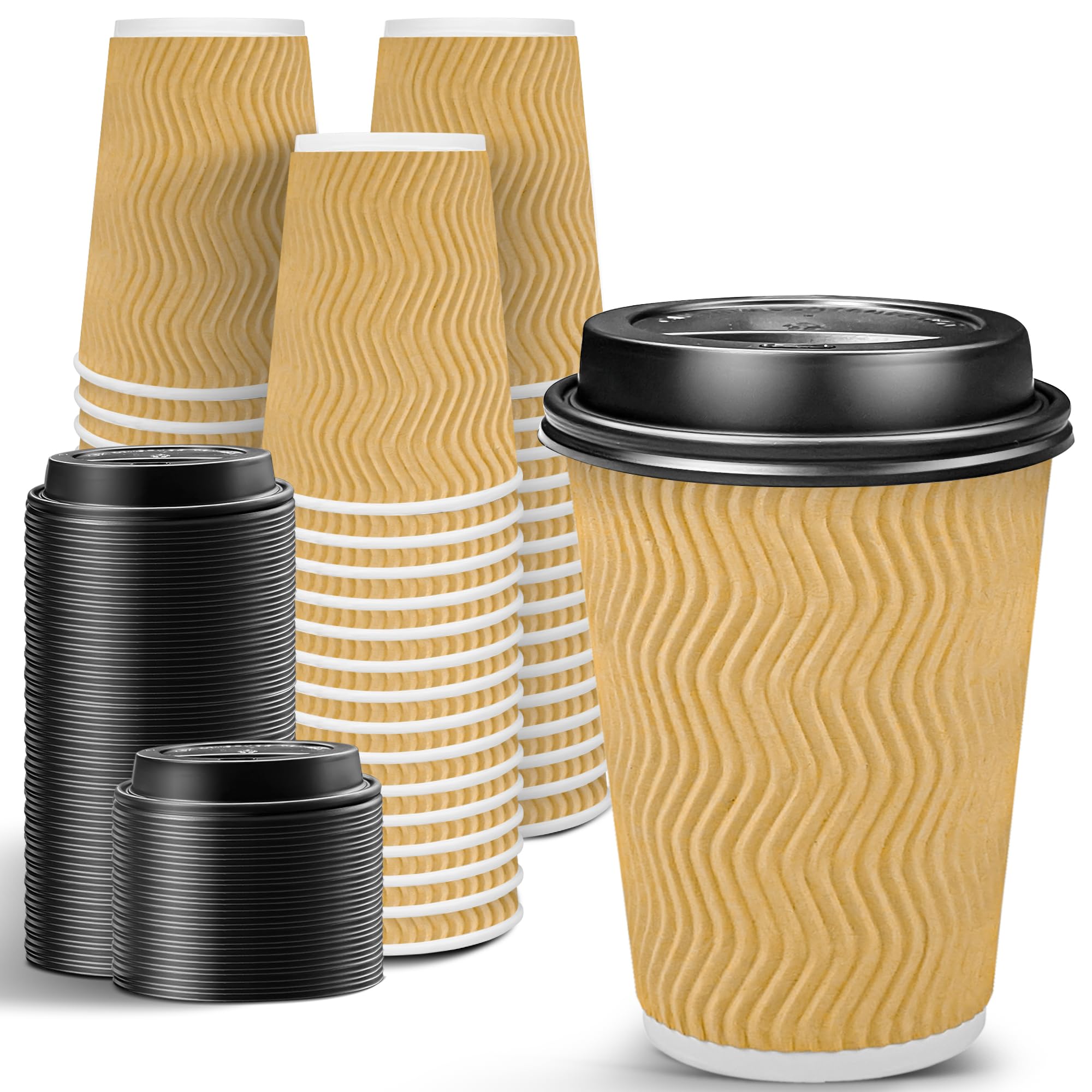 Ginkgo 100 Pack Disposable Coffee Cups with Lids 12oz, Insulated Ripple ...