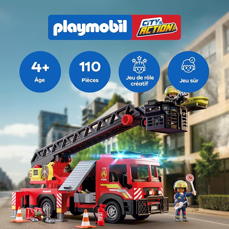 | City Action | Camion de Pompiers avec échelle | Véhicule d’Intervention avec échelle 63 cm, lumière, Son et Accessoires de Sauvetage | Dès 4 Ans | 72192