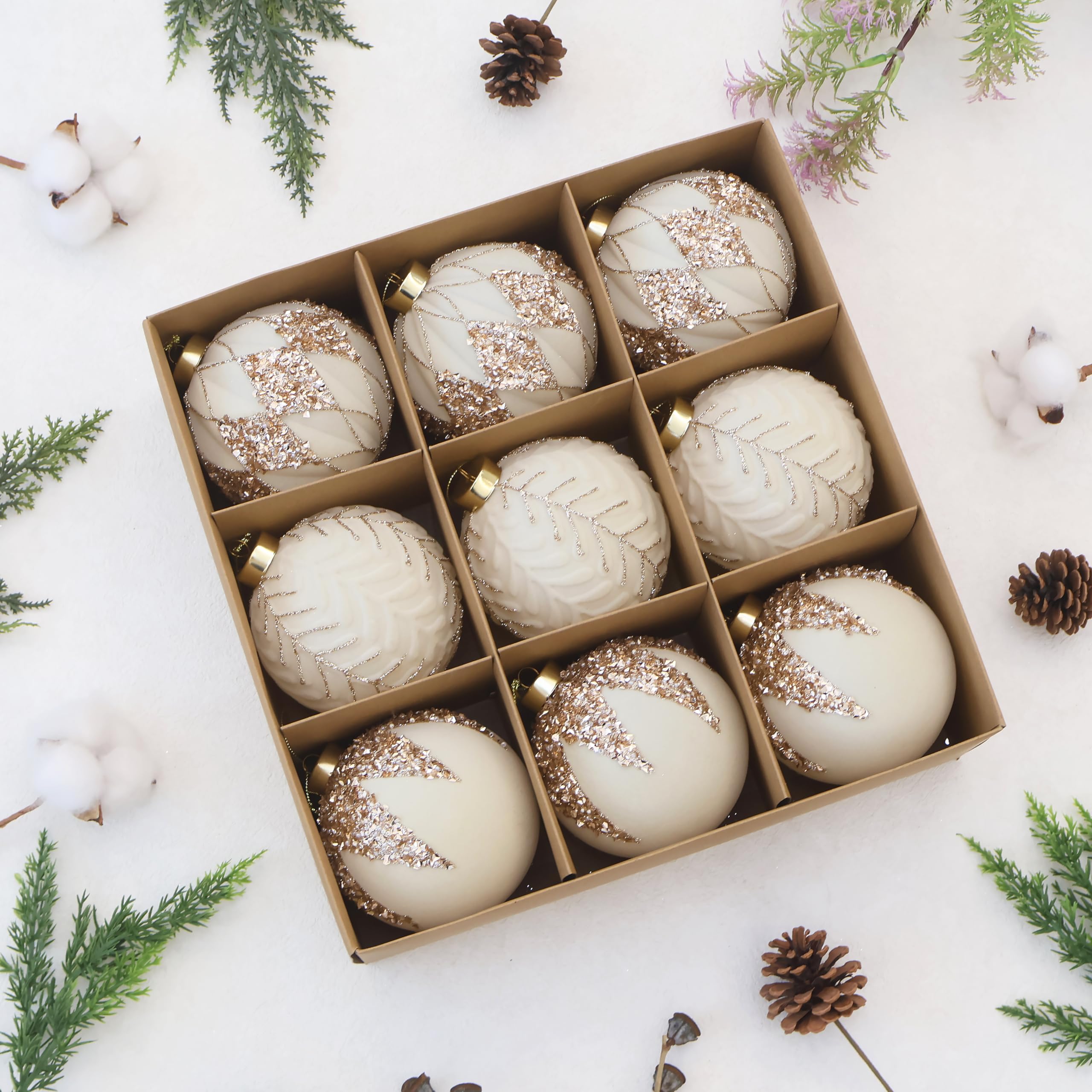 View 1 of 4inch Velvet Ornaments for Christmas Tree, 9PCS Glitter Flocked Christmas Ornaments Decorations Balls Set Decor Beige