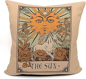 Tarot The Sun Throw Pillow Case, Gift for Daughter, Sister, Mom, Gift for Astrology Lovers, Tarot Lovers, Girl Room Decor, College Dorm Decor, 18 x 18 Inch Linen Cushion Cover for Sofa Couch Bed